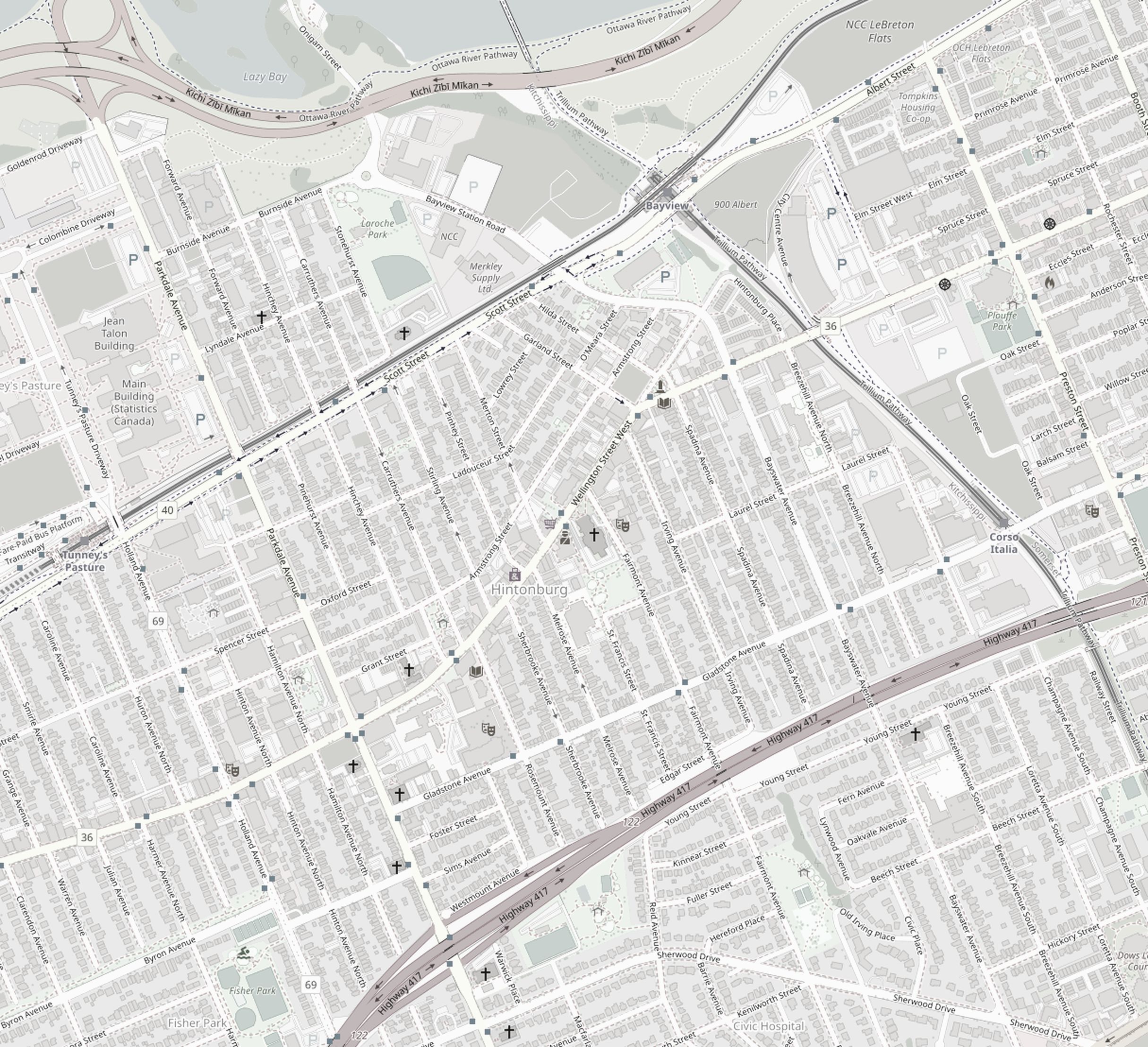 Map of Hintonburg around 74 St Francis Street with walking destinations